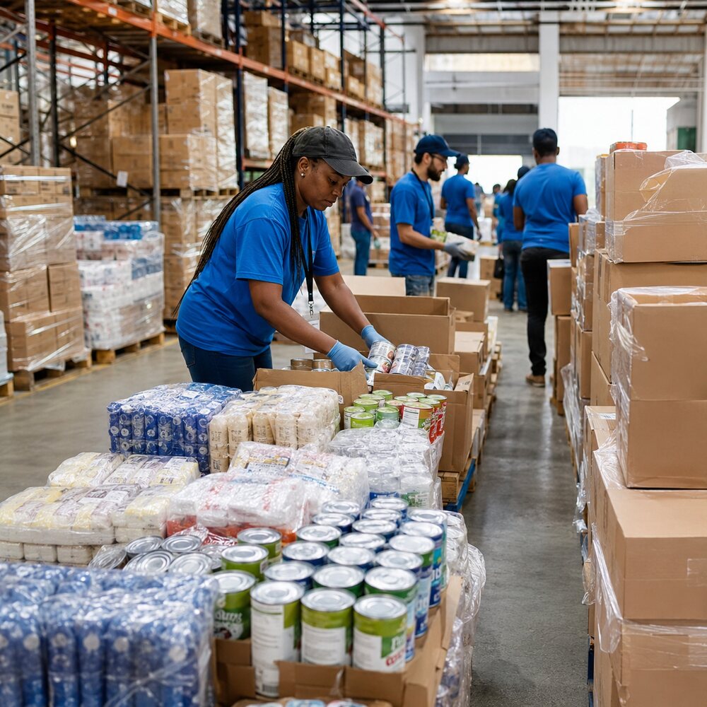 Warehouse team sorting and preparing aid supplies for shipment